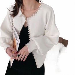 women Chic New O Collar Knitting Cardigan Top Autumn Ladies Fi Pearl Trim Lg Sleeve Loose Warm Casual Sweater Coat G17N#
