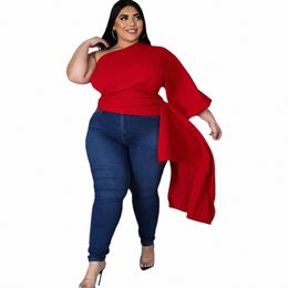 plus Size Tops Sexy Sl Neck One Shoulder Puff Sleeve Lg Blouses Elegant Ladies Irregular Shirts Wholesale Dropship E3e9#