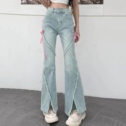 Women's Jeans E-girl Long Pants Fashion Korean Style Pink Drawstring Bandage Flare High Waist Streetwear Slits Denim Trousers