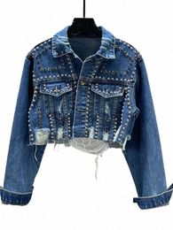 new in Spring Summer Womens Denim Jacket 2024 Heavy Industry Rivet Studded Jean Coats Women Worn Nail Bead Jean Lg Sleeved Top 617n#
