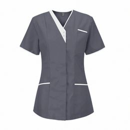 nursing Scrubs Uniform Women's Medical Top Short Sleeve Surgical Uniform Pet Shop Beauty Sal Work Uniform Shirt Gary R0RP#