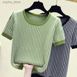 Women's T-Shirt Rainbow Plaid Stylish Fashion Sweater Pullover Women Knitted Tshirt Tees 2023 Summer Oversized Short Sleeve O-neck Loose Tops24329