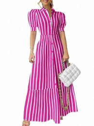 plus Size VONDA Women Office Shirt Dr Summer Elegant Striped Dres Sexy Puff Sleeve Lapel Lg Maxi Sundr Casual Robe V8tM#