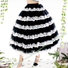 Skirts 2024 Lolita Kawaii Cake Cute Midi Skirt Summer Sweet Princess Black And White Patchwork Mesh Lace Long Fluffy Maxi Womens