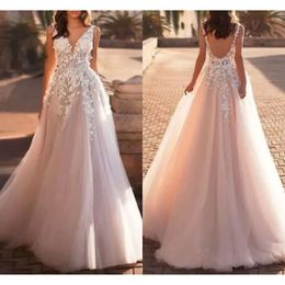 Summer Backless A Line Wedding Dresses Sexy V Neck Appliques Long Western Garden Arabic Bridal Gowns Plus Size Custom Made BC