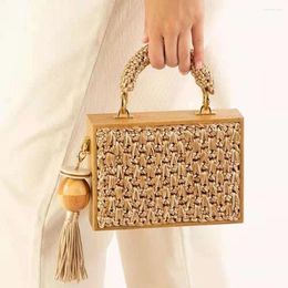 Evening Bags 2024 Summer Beach Bamboo Tassel Straw Woven Bag Cross-body Single Shoulder Handag Rattan Rope Square Chain Strap Box