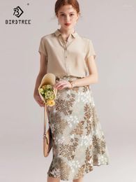 Work Dresses Birdtree Real Crepe De Chine Silk Two Pieces Sets Turn Down Shirts And Floral Skirt Skirts Suits 2024 Spring Summer S36756QC