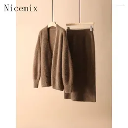 Work Dresses French Lazy Style Advanced Olive Green Knit Set Women Spring Wool Knitted Sweater Cardigan Half Skirt Two Piece Fashion