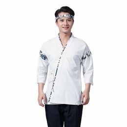 chef Uniform Restaurant Jacket Men Women Japanese Cook Coat 3/4 Sleeve Kimo Kitchen Sushi Work Wear Waiter Uniform AS355 G0ga#