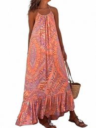 2024 New Summer Style Women's Sexy Printed Beach Dres Bohemian Vacati Women's Spaghetti Strap Halter Lace-up lg Dr d6Jw#
