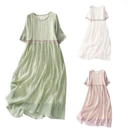 Casual Dresses Women's Summer Dress Retro Round Neck Embroidered Ethnic Elegant Gathered Layered Cotton For Women