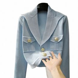 2023 Autumn Winter Luxury Knitting Lg Sleeve Casual V-Neck Cardigans Women French Style Light Blue Ladies Elegant Sweater b7zW#
