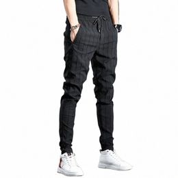 trendy Men's Softener Elastic Waist Striped Denim Jeans Spring Autumn Casual Slim Fit Tapered Floral Embroidery British Pants g5b1#