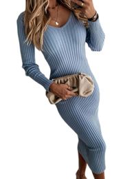 2023 Платье-свитер для женщин Эластичные облегающие трикотажные платья с длинными рукавами Осень-зима Однотонные миди с v-образным вырезом Повседневные платья-карандаш 240322