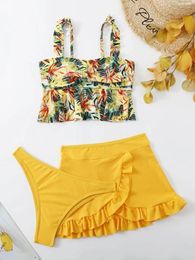 Women's Swimwear 3pack Tropical Print Ruffle Bikini Swimsuit & Beach Skirt Women Bandeau Set Summer Bathing Suit