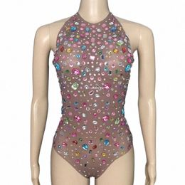 Colourful Rhinestes Bodysuit Sexy Mesh Leopards Nightclub Party Pole Gogo Dancer Costume Women Singer Festival Outfit XS6056 T52m#