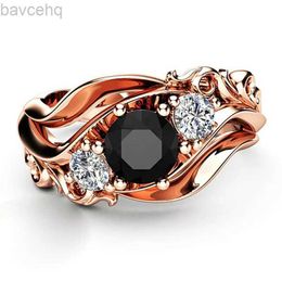 Wedding Rings Huitan Witch Ring Unique Black Stone Prong Setting Twist Band Design Rose Gold Colour Women Engagement Finger Rings Wholesale 24329