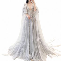 shar Said Luxury Dubai Sier Grey Evening Dres with Feather Cape Shawl Arabic Women Wedding Party Formal Prom Dr SS147 F7ri#