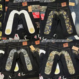 Summer Men Embroidery Jeans Shorts Black Hiphop Denim Pants Cherry Blossom Dragon Totem Thin Washed Zipper Cotton Red Ears 240319