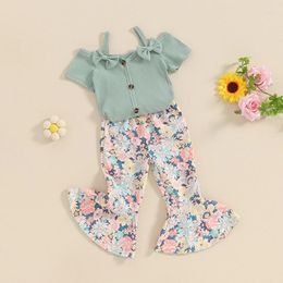 Clothing Sets Fernvia Toddler Baby Girl 2Pcs Summer Clothes Set Cold Shoulder Knit Ribbed Tops Floral Bell Bottom Outfits 1-6T