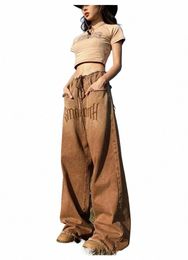 y2k Brown Vintage Grunge Jeans Hip Hop Denim Pants Female 90s Street Style Wide Leg Trousers Women High-waisted Straight-leg S3D9#