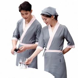 japanese Korea Style Chef Uniform Cook Shirt Hotel Restaurant Waiter Uniforms Medium Sleeve Kimo Sushi Kitchen Work Uniforms 97ao#