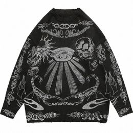 hip Hop Rock Y2K Zipper Cardigan Knitted Warm Loose Skull Cott Sweater Ethnic Top Clothing Autumn and Winter New Street Style T1El#