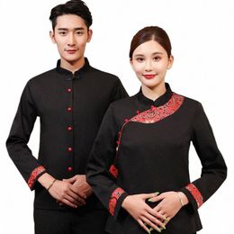 wholesale Spot Tea House Overalls Lg-Sleeved Restaurant Waiter Uniform Catering Chain Store Autumn and Winter Clothing Ethnic Q2cx#