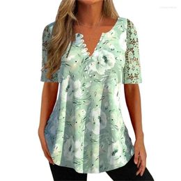 Women's Blouses Elegant Botanical Flower Print Shirt Women Lace Short Sleeves Blouse Female Loose V Neck Single-breasted Splicing Pullover