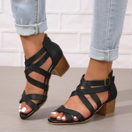 Dress Shoes TSTCTB Women Pumps Sandals Ladies Open Toe High Heels Block Heel Summer Woman Gladiator Zipper Sandal 2024 Trend Black