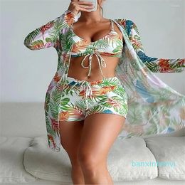 Women's Swimwear Three Piece Women Floral Print Bikinis Set Swimsuit Beach Push Up Bikini Summer Sexy Beachwear Bathing Suit