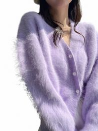 2023 Autumn Winter Fi Mink Cmere Knit Cardigan Women V Neck Lg Sleeve Single-breasted Mohair Thick Warm Sweater Coat M4i9#