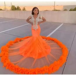 Newest Arrival Orange Mermaid Prom Dresses Lace Beads Crystal Feather Formal Evening Dress Sheer Neck African Robes De Soire BC