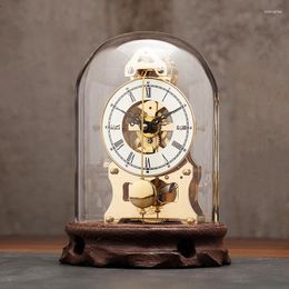 Table Clocks Luxury Small Mechanical Clock Retro Vintage Gold Ruby Bearing Seat Tonne Watch Hollow Design Gift