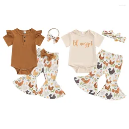 Clothing Sets 2024 Born Baby Girls Summer Short Sleeve Letters Print Rompers Bodysuits Chicken Flare Pants Headband