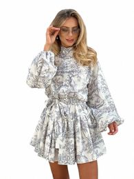 clacive Casaul Loose Print Women'S Dr 2023 Fi Stand Collar Puff Sleeve Mini Dres Elegant Lace-Up Pleated Female Dr l3mN#