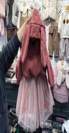 Winter girls velvet warm dresses kids rabbit ear hooded long sleeve sweatshirt splicing lace tulle dress children gauze princess c6963192