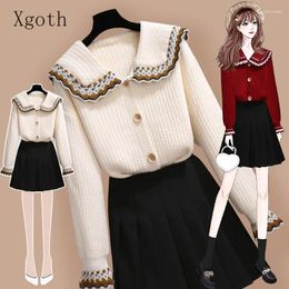 Work Dresses Large Size Women's Winter Suit 2024 Slimming Doll Collar Knit Sweater A-line Skirt Two-piece Set Trend Ensembles De Jupes