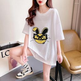 Women's T Shirts Cotton Short Sleeve T-shirt Summer 2024 Embroidery Flower Mid-length Korean Version Crew Neck Top Loose Clothing