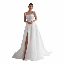 chandela Graceful Square Collar Wedding Dres A Line Sequines Tulle Slit Backl Sleevel Custom Made Vestido De Casamento F66G#