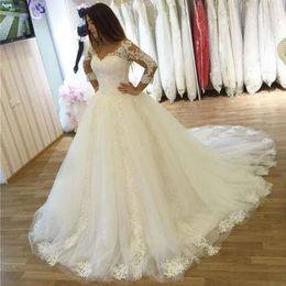 Princess Ball Gown Dresses Vestido De Noiva Manga Longa V Neck Corset Wedding Dress With Sleeves GC