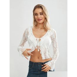 Womens T-Shirt T Shirts Women S Y Floral Lace Neck Shirt Flared Long Sleeve Front Bowknot Sheer Mesh Crop Tops Outerwear Drop Delivery Otmpm