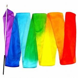 3pcs/lot 3M Silk Streamer Gymnastics Ballet Belly Dance Props Twirling Rod Stick Hand Dye 100% Real Silk Gradient Colour Ribb o6iQ#