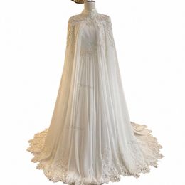 dubai Muslim Wedding Gowns for Bride Pearls Chiff Appliques Arabic Bridal Dr with Cape Lg Sleeves Vestidos Novias Boda O4zI#