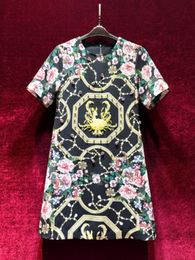 2024 Spring Black Floral Print Dress Short Sleeve Round Neck Paisley Rhinestone Knee-Length Casual Dresses X4M2612306