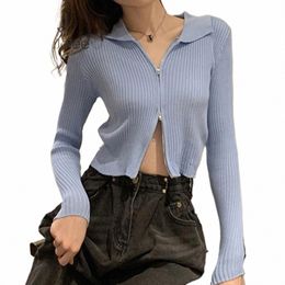fi Black Ribbed Zip-up Cardigans Casual Turn-down Collar Lg Sleeve Spring Autumn Sweater Sexy Cropped Tops Knitting Coat x3da#
