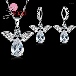 Necklace Earrings Set Cute Angel Shape CZ Crystal 925 Sterling Silver Pendant And Earring For Lady Gifts Birthday