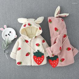 Down Coat Girls' Warm Jacket Cotton-padded Cute Strawberry Plus Velvet Fashion Bag Pink Beige Autumn