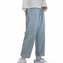 men Jeans Wide Leg Straight Loose Full Length Solid Color Denim Trousers Butt Zipper Closure Retro Streetwear Men Lg Pants V89N#