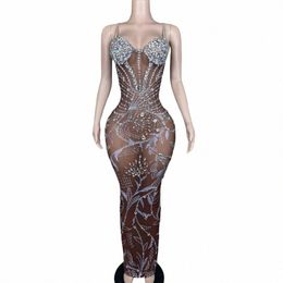 stunning Crystals Mesh Stretch Dr Women Party Birthday Queen Backl Sexy Drag Costume Rave Festival Evening Prom Dres L2kR#